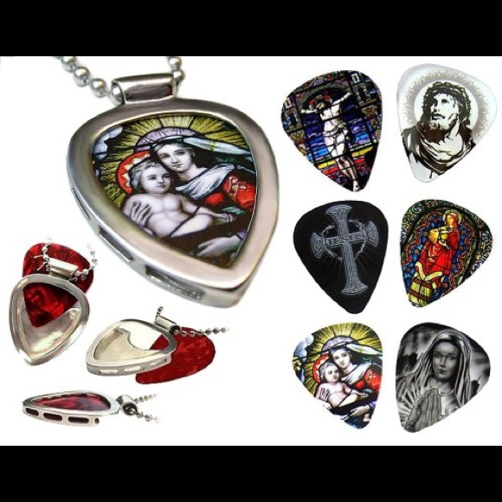 Pickbay Guitar Pick Holder pendant Necklace Set + Christian Art Picks Jesus NEW